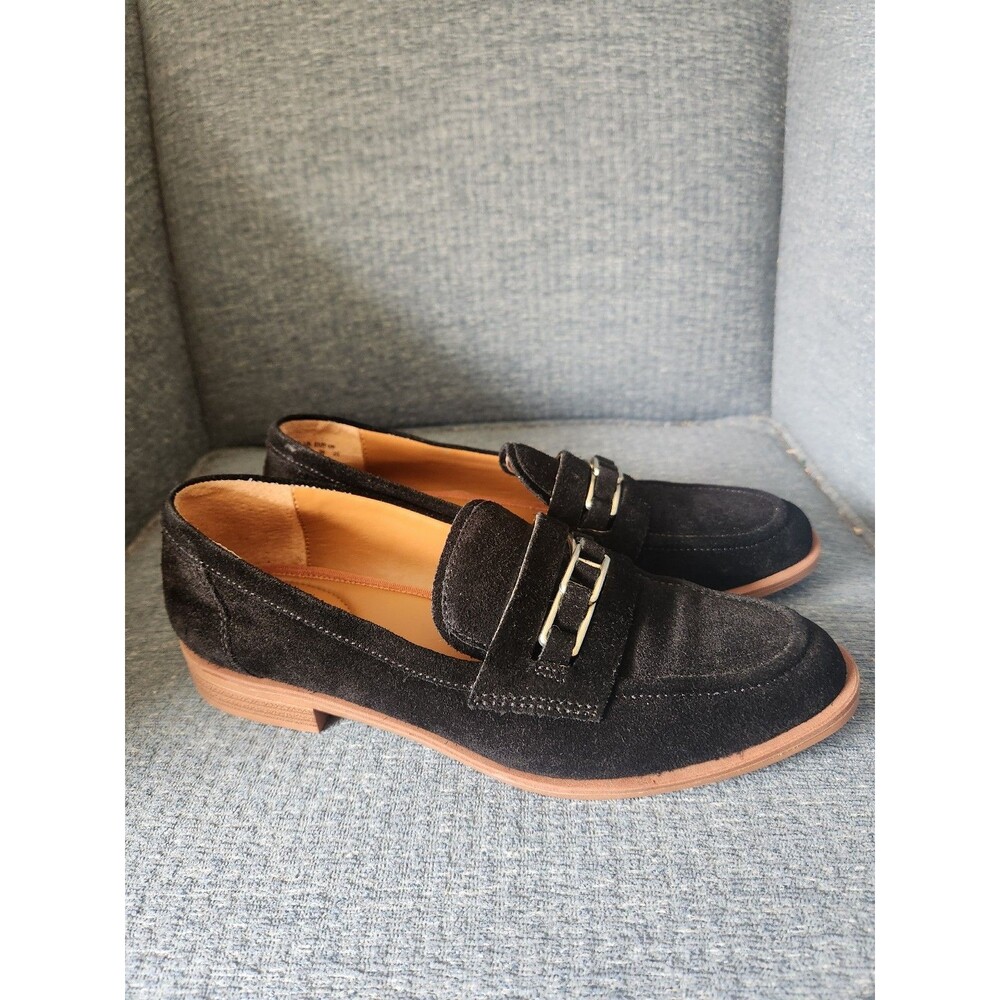 Franco Sarto "Jara" Black Suede Slip-on Loafers w/ Gold-Toned Buckle Size 8.5
